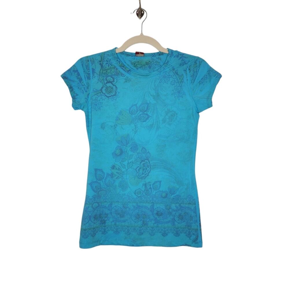 Vintage y2k Babydoll Shirt Paisley Groovy Hippie Small Blue Boho Top Pia